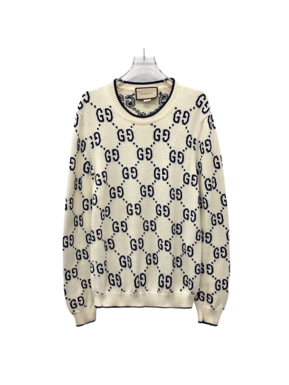 Gucci Beige Jacquard Cotton Crew Neck Knit Sweater